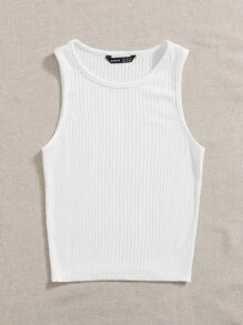 SHEIN EZwear Camiseta sin mangas de canalé liso - Blanco - Ver 4