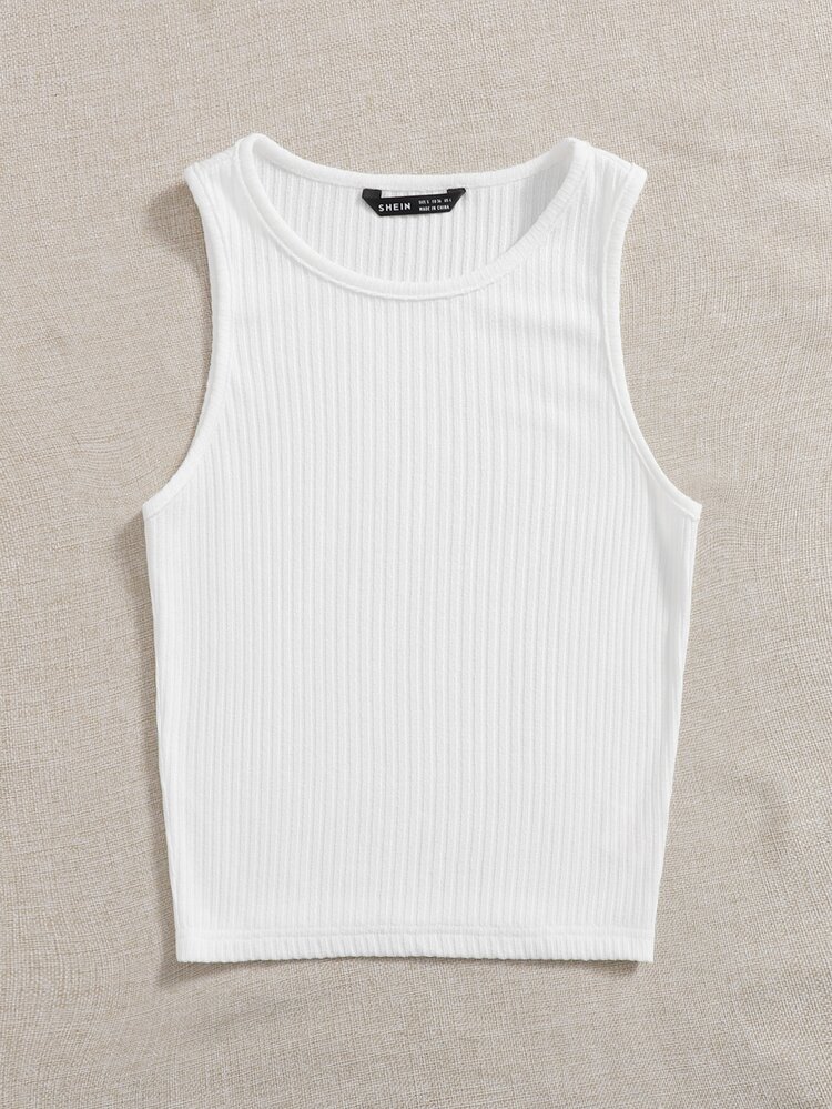 SHEIN EZwear Solid Rib-knit Tank Top - White - View 4