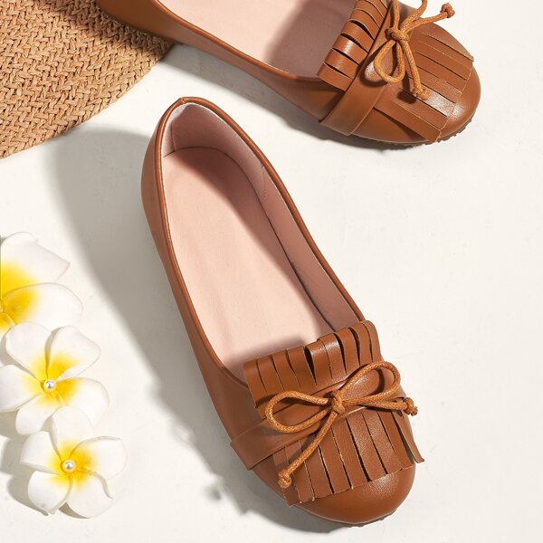 

Girls Bow & Fringe Decor Flats, Brown