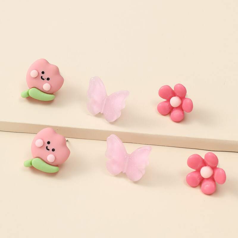 

3pairs Floral & Butterfly Stud Earrings, Pink