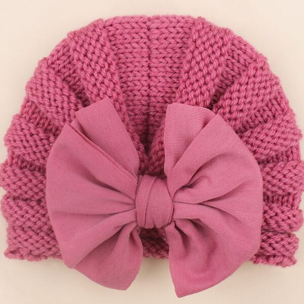 

Baby Bow Decor Knit Turban Hat, Watermelon pink