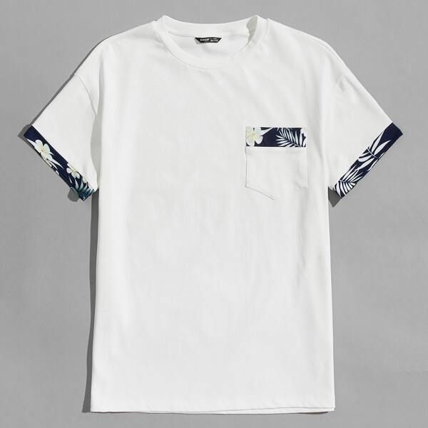 

Men Drop Shoulder Patch Pocket Tropical Print Tee, White