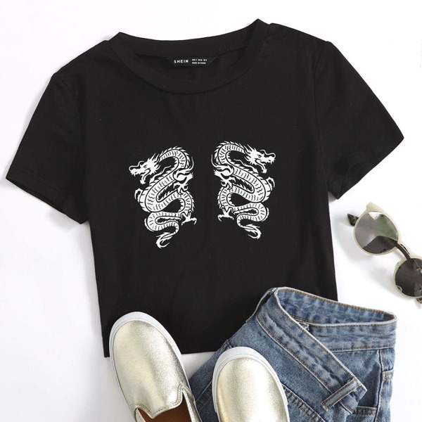 

Chinese Dragon Print Top, Black