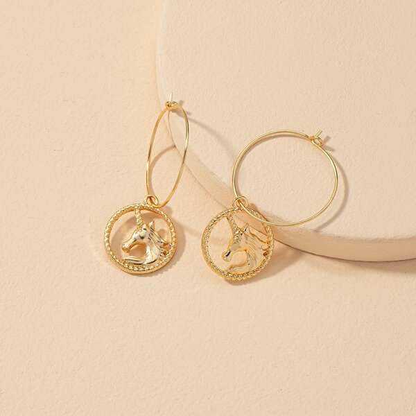 

Unicorn Design Round Drop Earrings, Gold