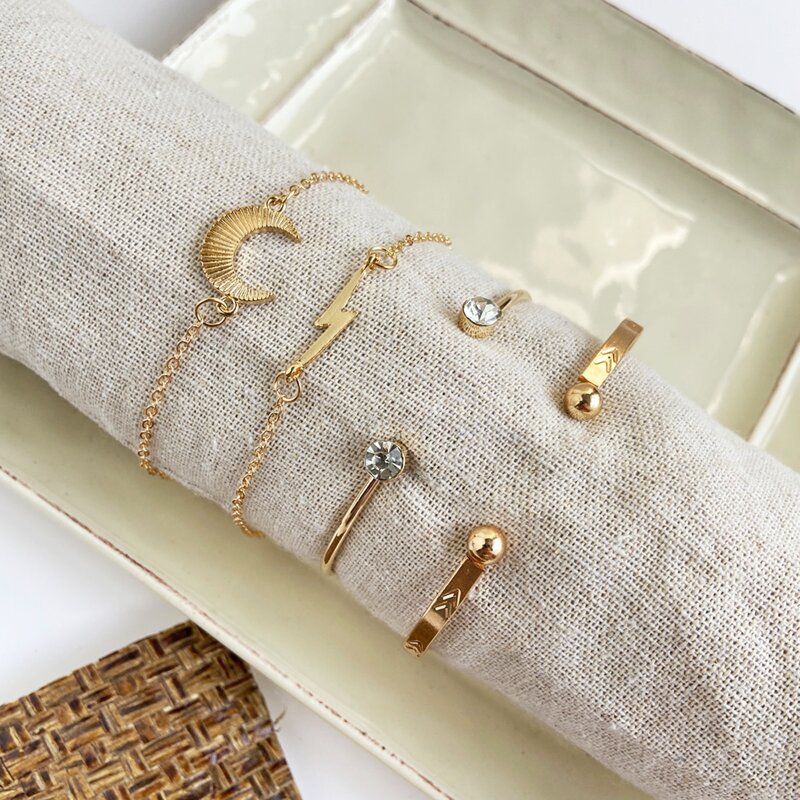 

4pcs Lightning & Moon Decor Bracelet Set, Gold