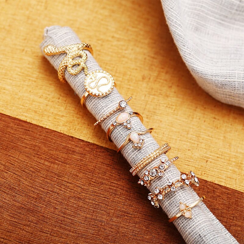 

9pcs Rhinestone & Snake Design Ring, Gold