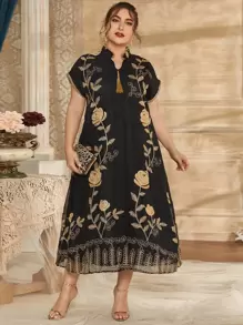 Al Najma Plus Notched Neck Floral Embroidery Dress - Black - View 1