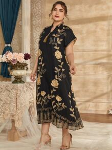 Al Najma Plus Notched Neck Floral Embroidery Dress - Black - View 3