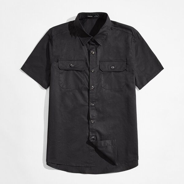 

Men Flap Pocket Button Placket Shirt, Black