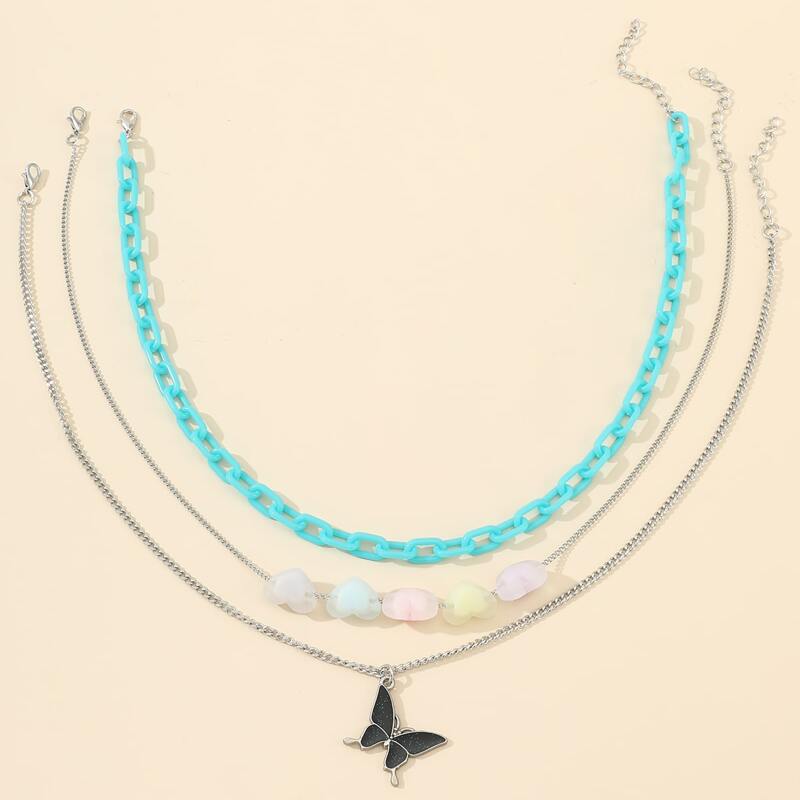 

3pcs Butterfly & Heart Charm Necklace, Silver
