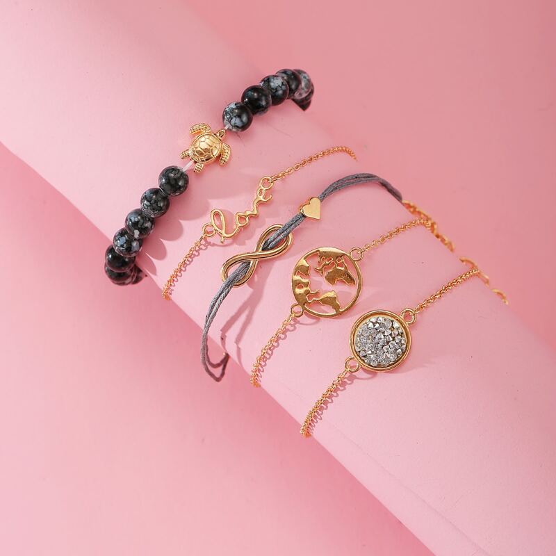 

5pcs Map & Tortoise Beaded Bracelet Set, Multicolor