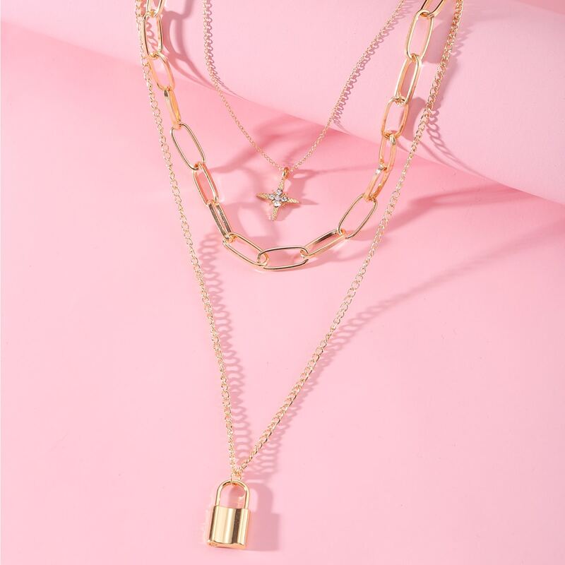 

Lock & Star Decor Layered Necklace, Gold