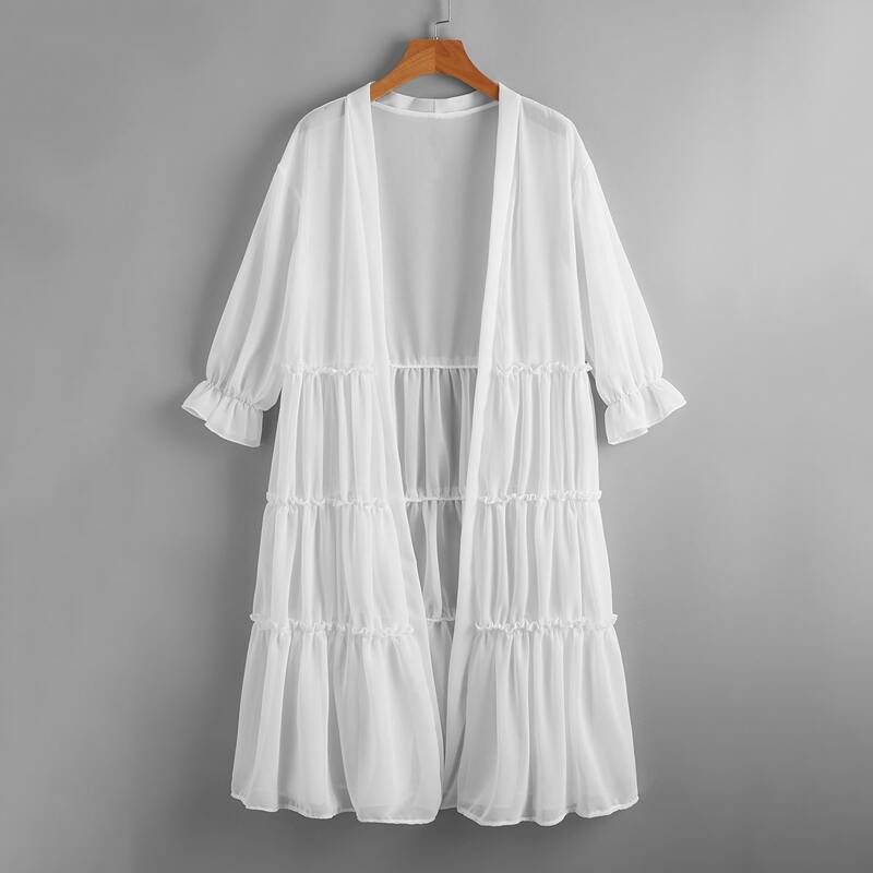 

Solid Mesh Tiered Kimono, White