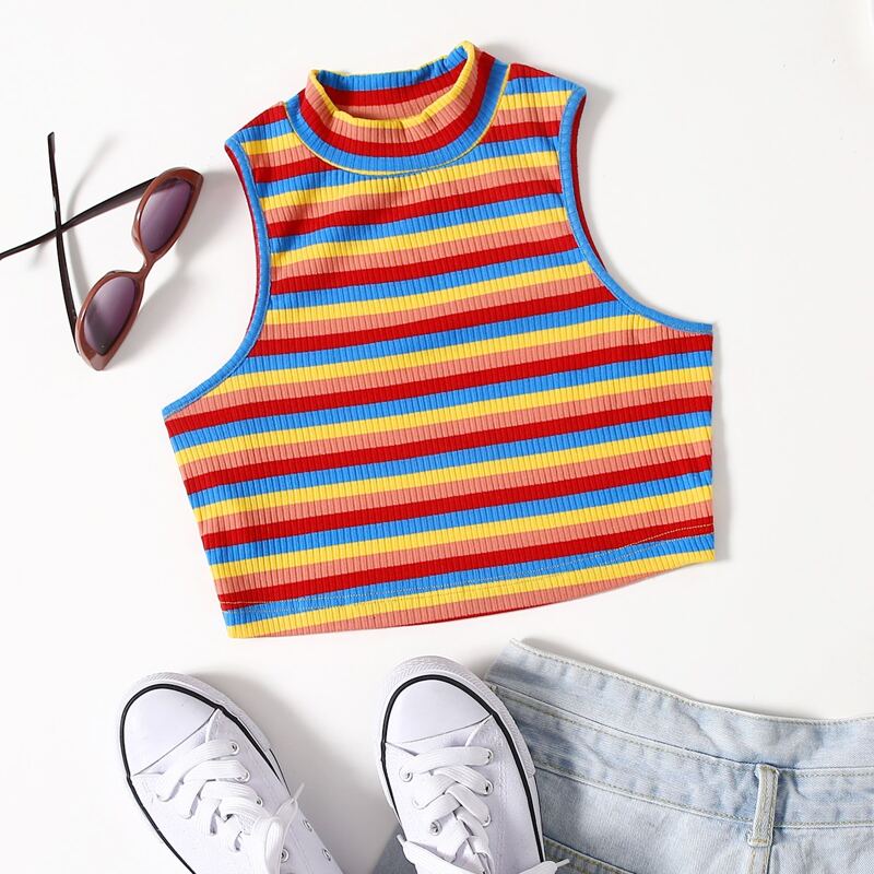 

Rainbow Stripe Mock Neck Tank Top, Multicolor