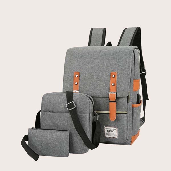 

3pcs Men Large Capacity Flap Backpack Set, Grey