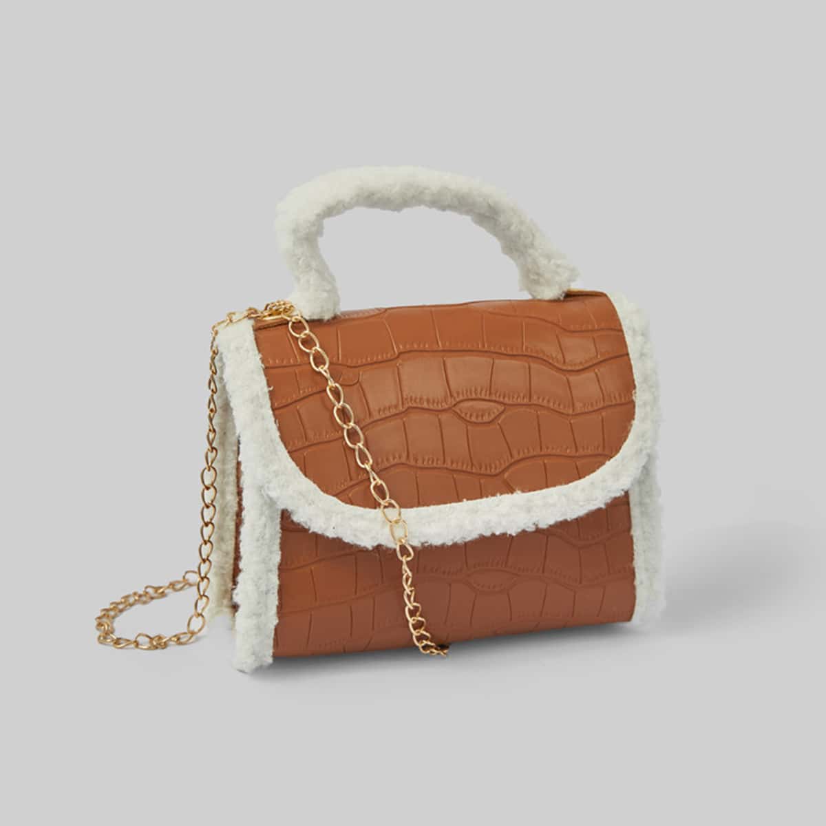

Croc Embossed Contrast Binding Satchel Bag, Brown