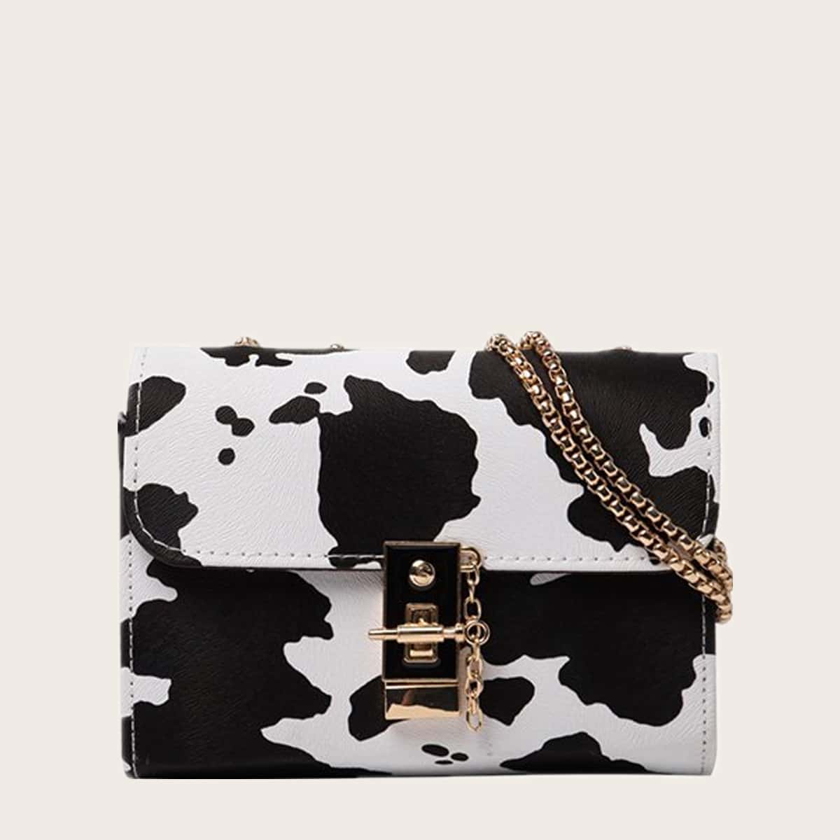 Cow Print Chain Crossbody Bag, Black and white