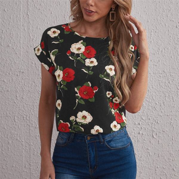 

Cuffed Sleeve Floral Print Top, Multicolor