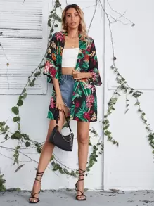 SHEIN Open Front Tropical Print Kimono, For Summer Beach Vacation - Multicolor - View 3