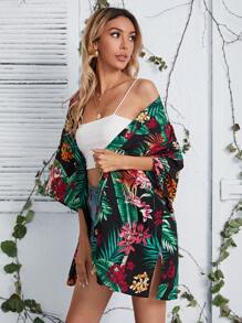SHEIN Open Front Tropical Print Kimono, For Summer Beach Vacation - Multicolor - View 4