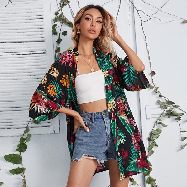 

Open Front Tropical Print Kimono, Multicolor