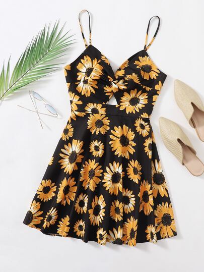 SHEIN WYWH Twist Front Tie Back Sunflower Print Dress