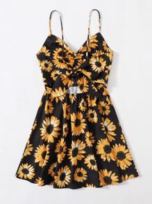 Soleia Twist Front Tie Back Sunflower Print Dress - Multicolor - View 2