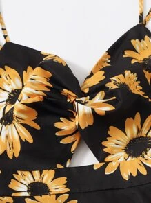 Soleia Twist Front Tie Back Sunflower Print Dress - Multicolor - View 5