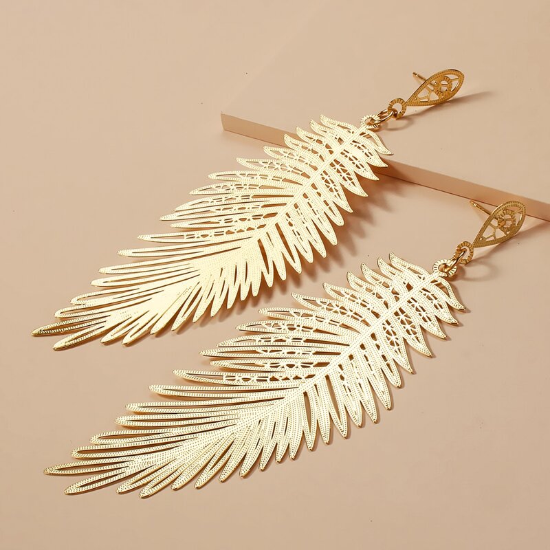 

Golden Feather Drop Earrings, Gold