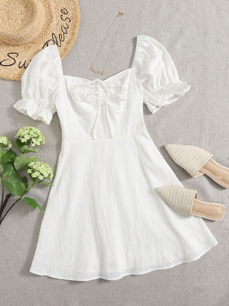 SHEIN MOD Drawstring Knot Front Dress - White - View 1