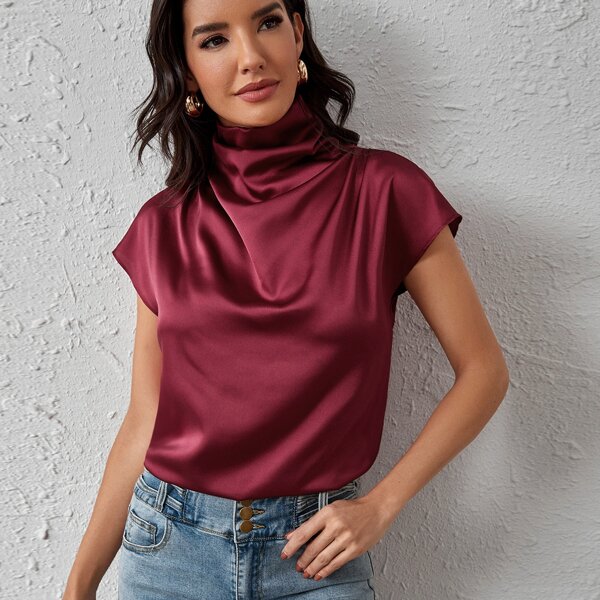 

Draped Neck Satin Top, Maroon