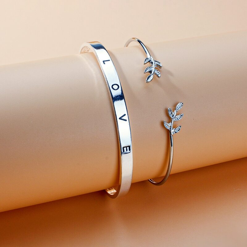 

2pcs Leaf Design Cuff Bracelet, Silver