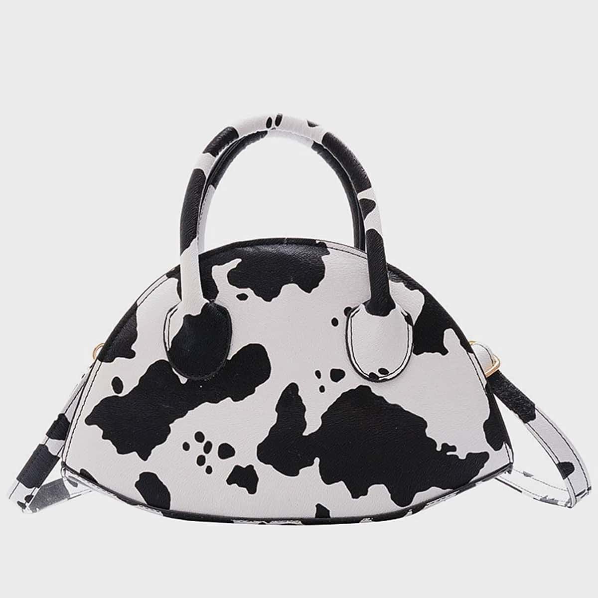

Cow Print Satchel Bag, Black and white