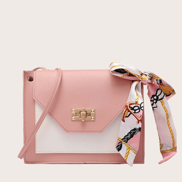 

Twilly Scarf Decor Two Tone Crossbody Bag, Pink