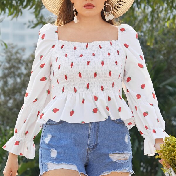 

Plus Allover Strawberry Shirred Milkmaid Blouse, White
