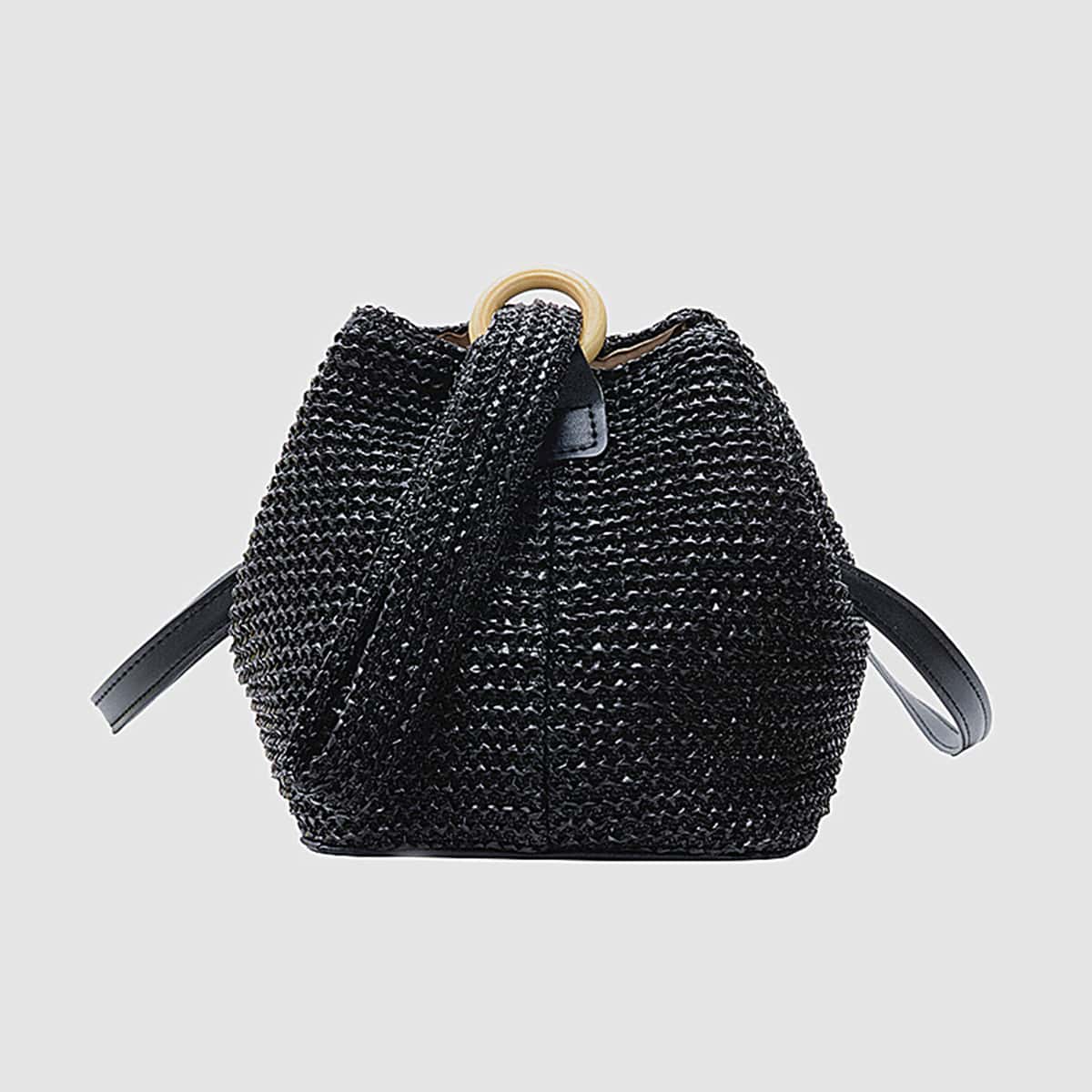

Solid Straw Bucket Bag, Black