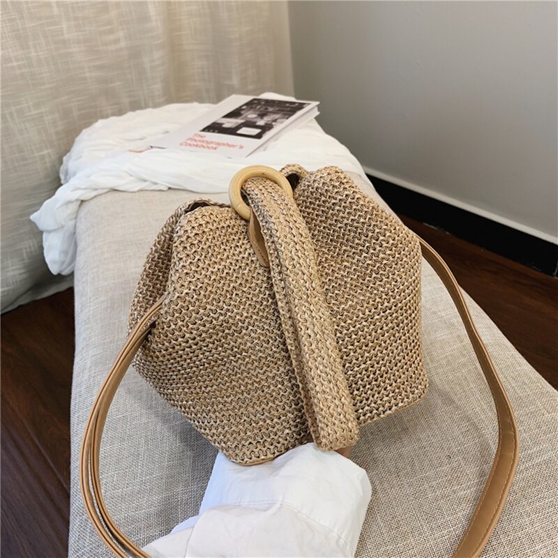 

Solid Straw Bucket Bag, Khaki