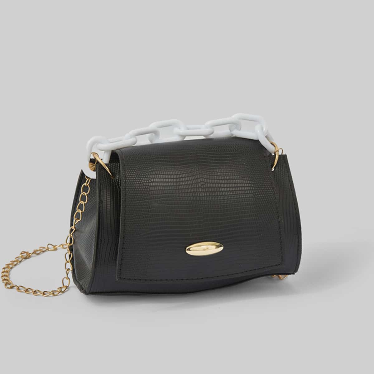 

Snake Embossed Chain Satchel Bag, Black