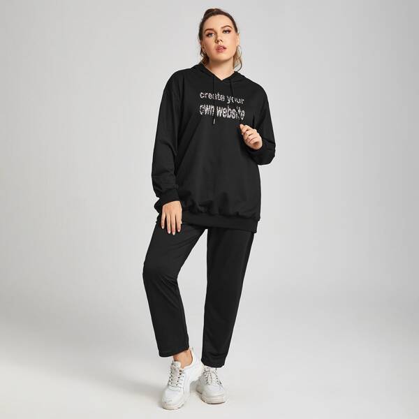 

Plus Slogan Graphic Hoodie With Sweatpants, Black