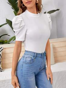 SHEIN Privé Solid Puff Sleeve Tee - White - View 4