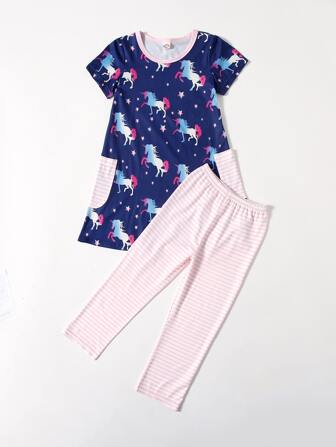 سروال مع تي شيرت بطباعة مخطط ووحيد القرن للبنات الرضع