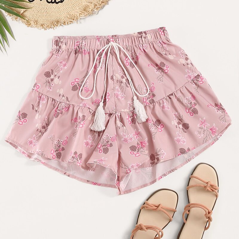 

Floral Print Knot Front Wide Leg Shorts, Dusty pink
