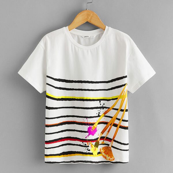

Boys Striped and Brush Print Top, White