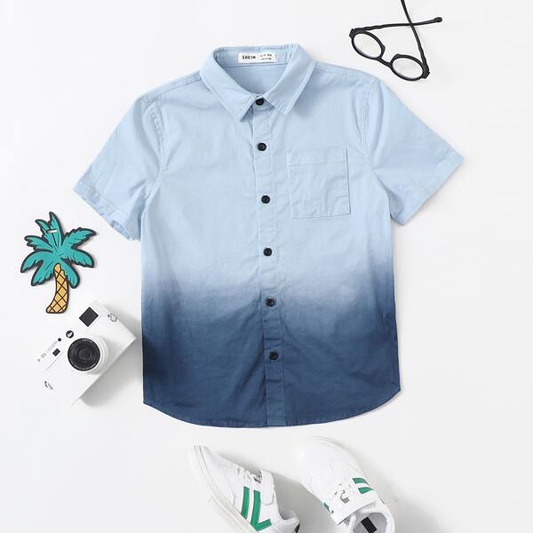 

Boys Collared Pocket Front Ombre Shirt, Blue