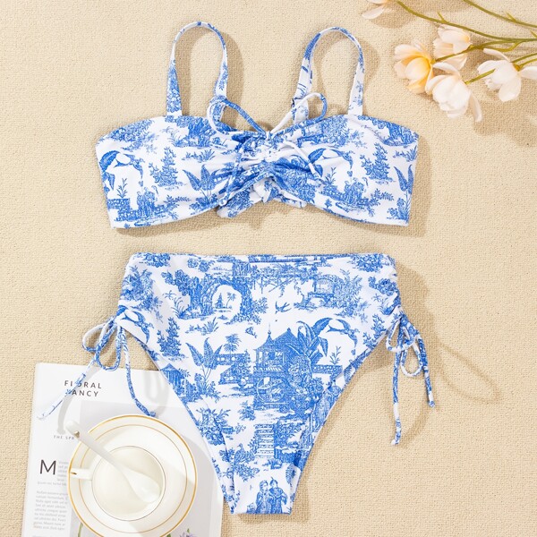 

Landscape Print Tie Side Bikini Swimsuit, Blue and white