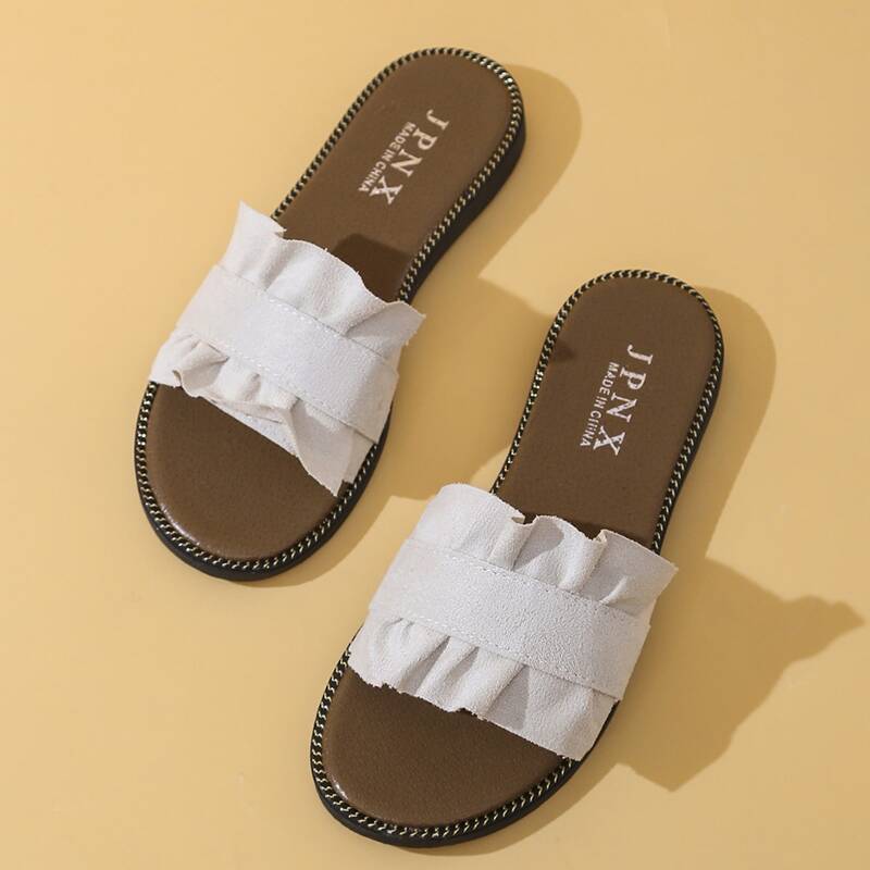 

Ruffle Decor Slide Sandals, Beige