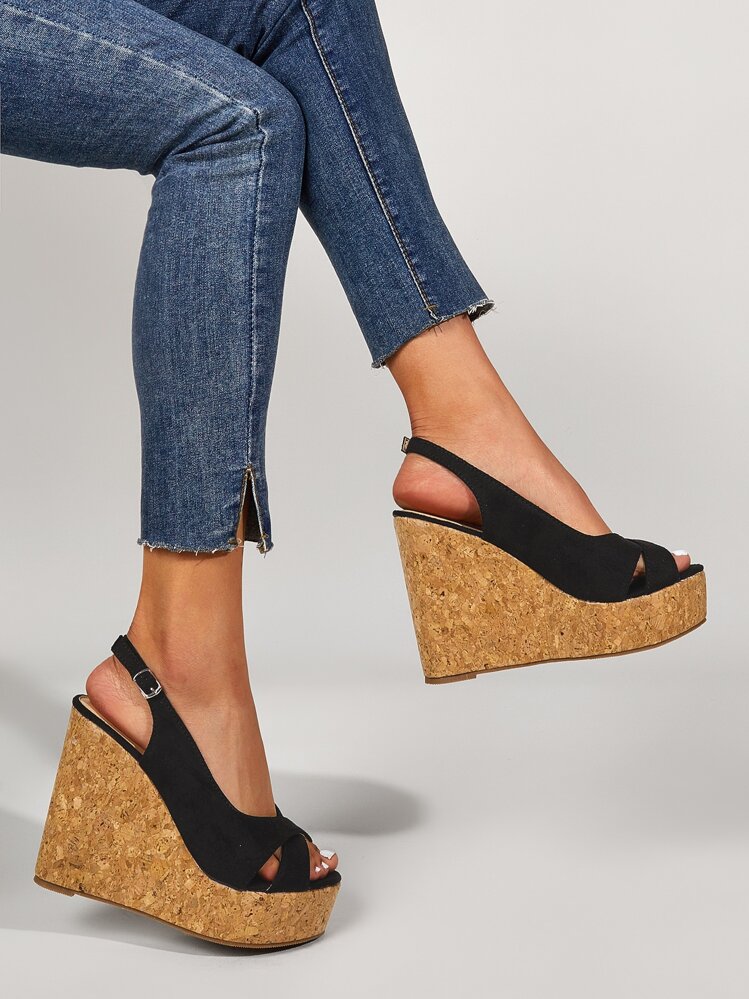 Criss Cross Slingback Cork Wedge Sandals - Black - View 1