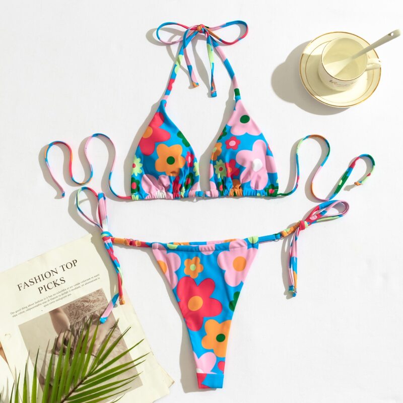 

Floral Triangle Thong Bikini Swimsuit, Multicolor