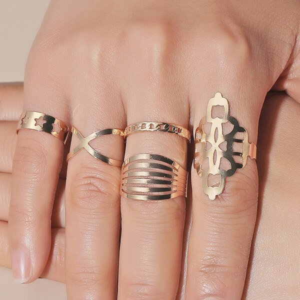

5pcs Hollow Out Star Decor Ring, Gold
