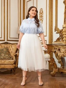 SHEIN Privé 大碼百褶網紗半身裙 - 白色 - 查看 4
